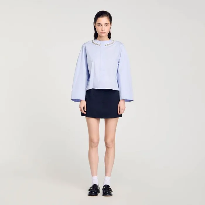 Women Tops and Shirts SANDRO Cropped Shirt With Jewel Trim Collar Sky Blue