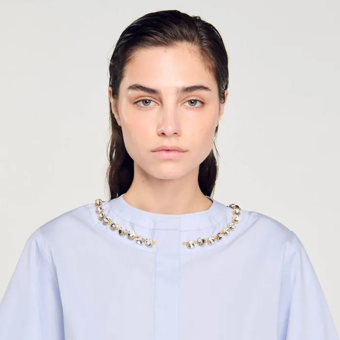 Women Tops and Shirts SANDRO Cropped Shirt With Jewel Trim Collar Sky Blue