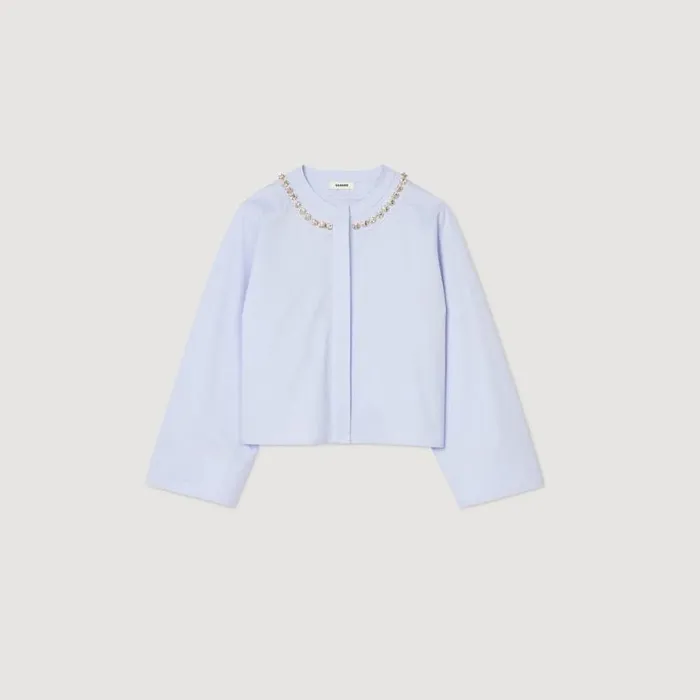 Women Tops and Shirts SANDRO Cropped Shirt With Jewel Trim Collar Sky Blue