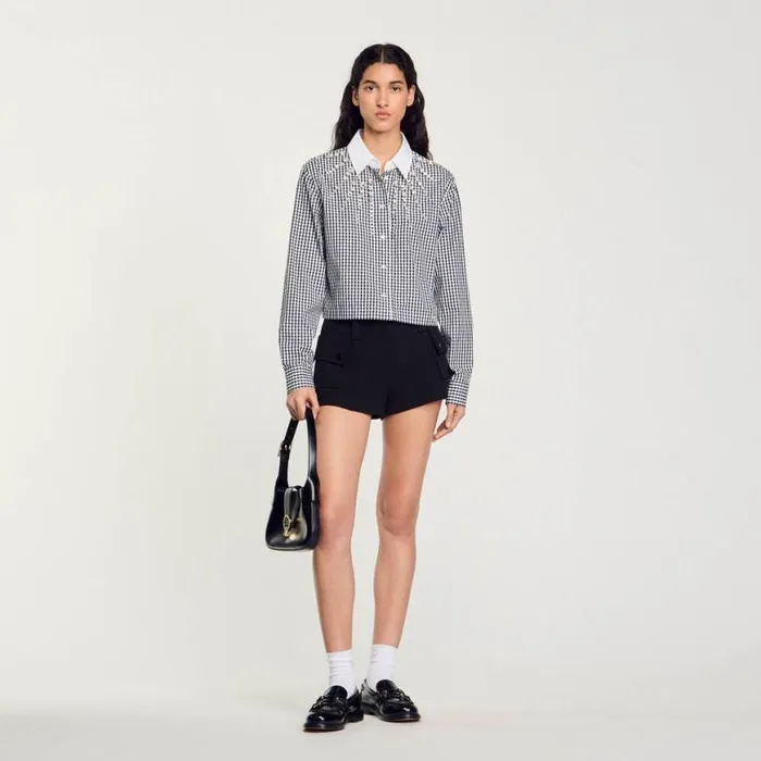 Women Tops and Shirts SANDRO Cropped Shirt With Rhinestone Bib Black