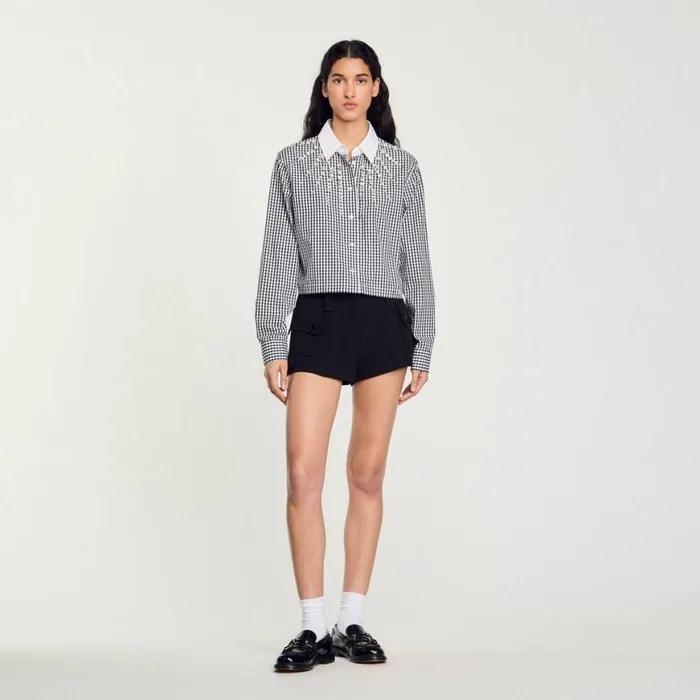 Women Tops and Shirts SANDRO Cropped Shirt With Rhinestone Bib Black