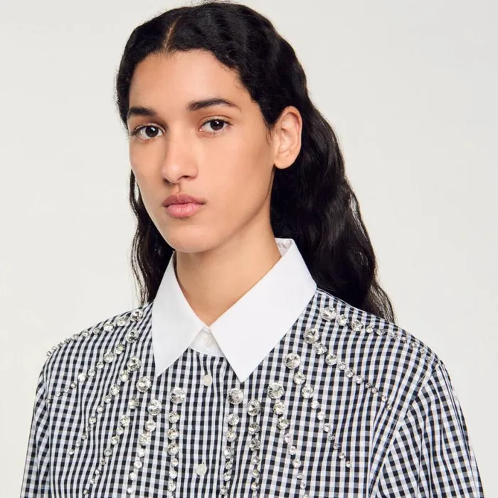 Women Tops and Shirts SANDRO Cropped Shirt With Rhinestone Bib Black