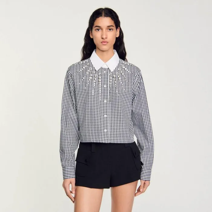 Women Tops and Shirts SANDRO Cropped Shirt With Rhinestone Bib Black