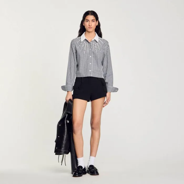 Women Tops and Shirts SANDRO Cropped Shirt With Rhinestone Bib Black