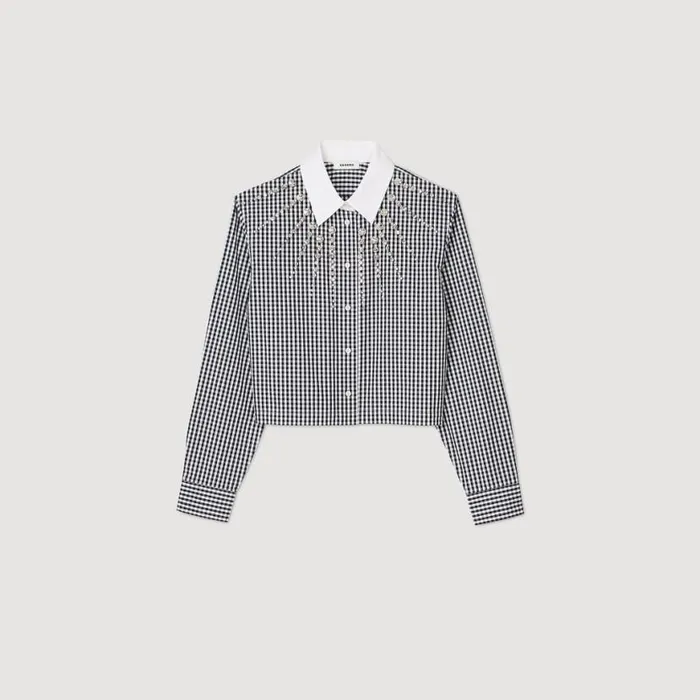 Women Tops and Shirts SANDRO Cropped Shirt With Rhinestone Bib Black