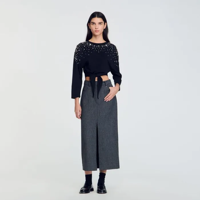 Women Tops and Shirts SANDRO Rhinestone Tiefront Tshirt Black