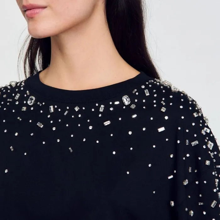 Women Tops and Shirts SANDRO Rhinestone Tiefront Tshirt Black