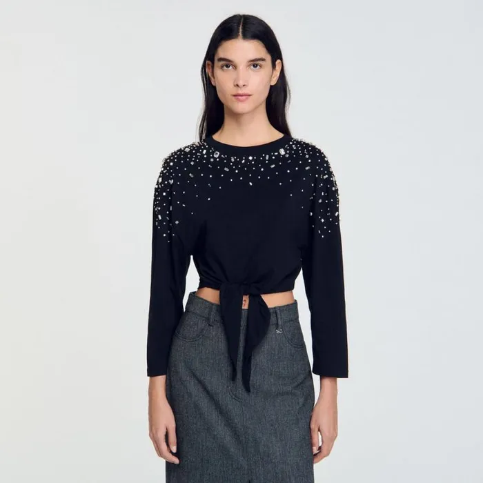 Women Tops and Shirts SANDRO Rhinestone Tiefront Tshirt Black