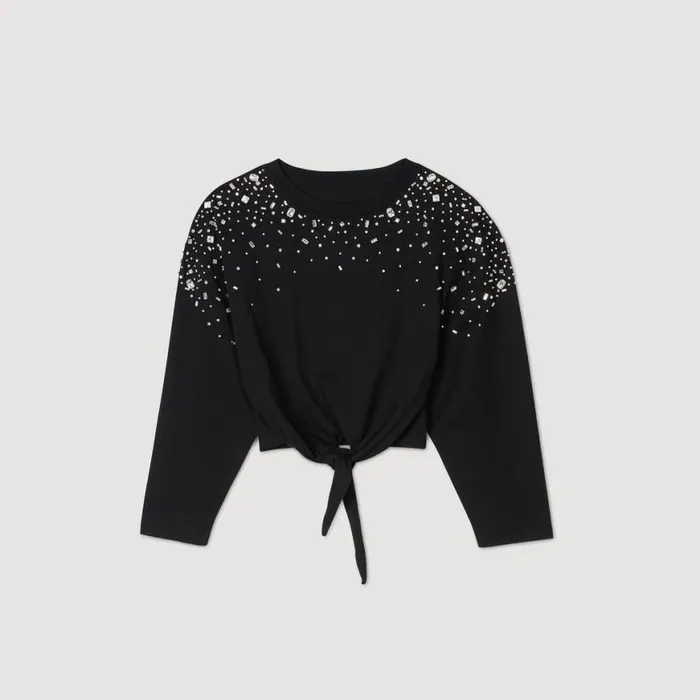 Women Tops and Shirts SANDRO Rhinestone Tiefront Tshirt Black