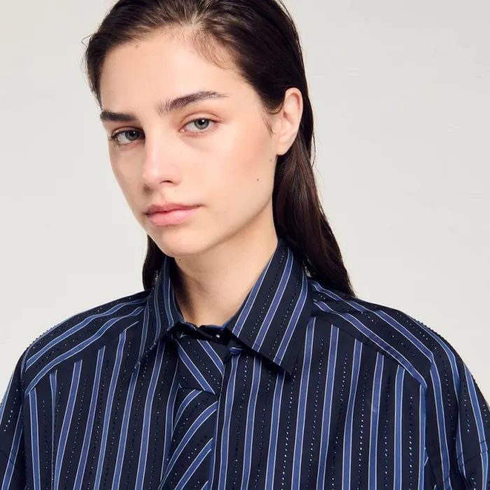 Women Tops and Shirts SANDRO Rhinestone Tie Shirt Blue