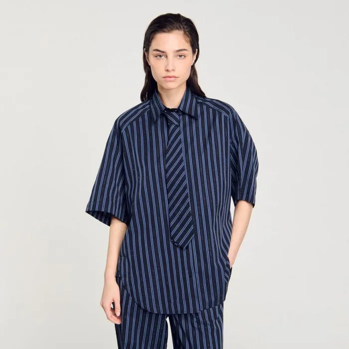 Women Tops and Shirts SANDRO Rhinestone Tie Shirt Blue