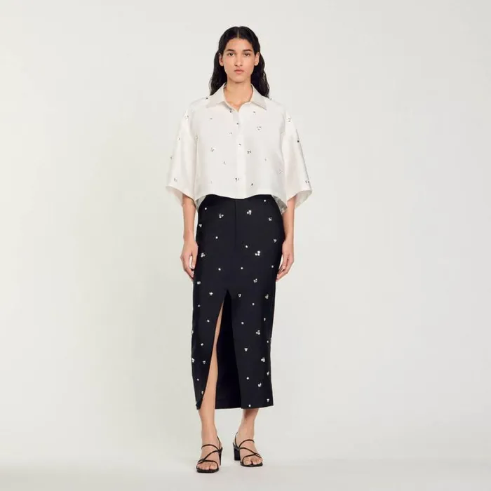 Women Tops and Shirts SANDRO Shirt Embellished With Rhinestones White