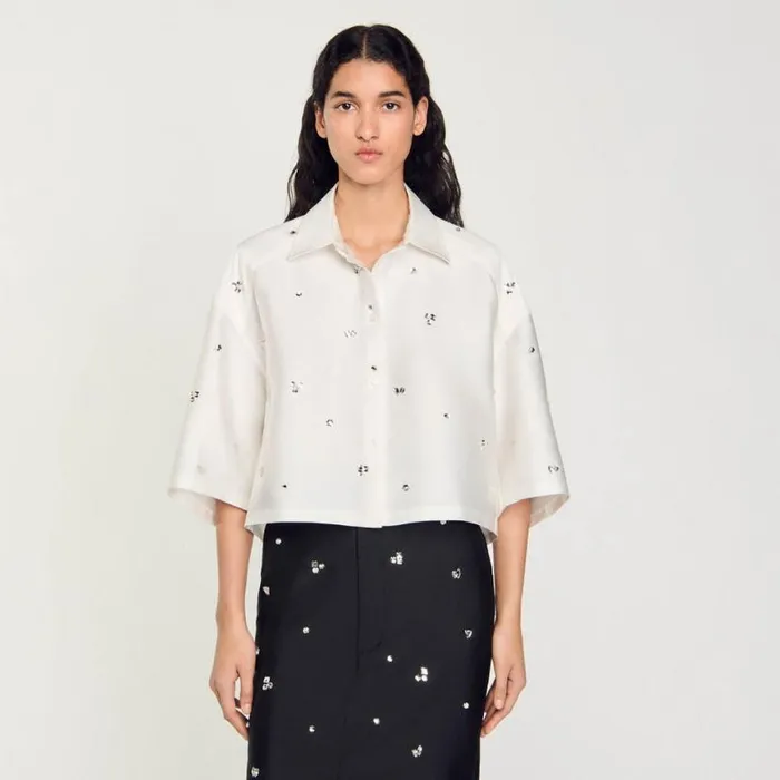 Women Tops and Shirts SANDRO Shirt Embellished With Rhinestones White