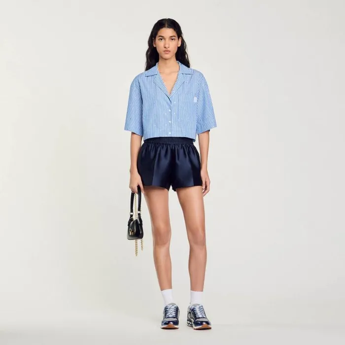 Women Tops and Shirts SANDRO Shortsleeved Rhinestone Shirt Blue