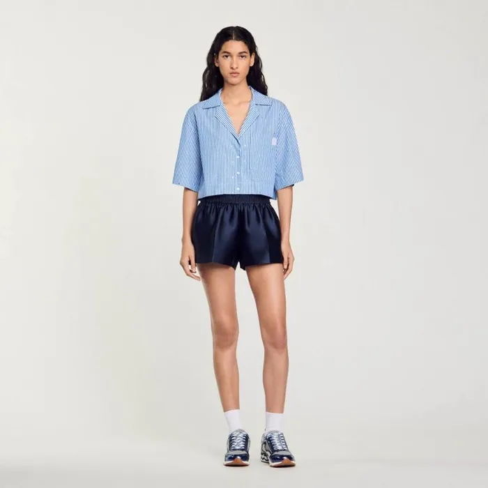 Women Tops and Shirts SANDRO Shortsleeved Rhinestone Shirt Blue