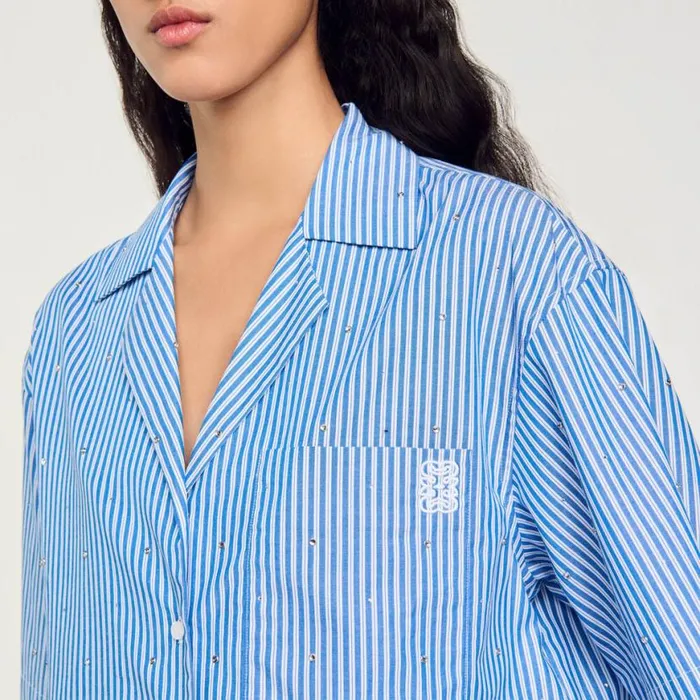 Women Tops and Shirts SANDRO Shortsleeved Rhinestone Shirt Blue