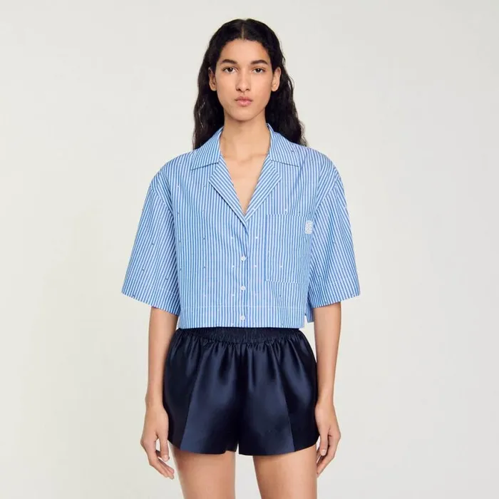 Women Tops and Shirts SANDRO Shortsleeved Rhinestone Shirt Blue
