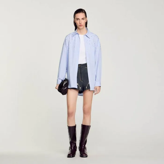 Women Tops and Shirts SANDRO Studded Check Shirt Sky Blue