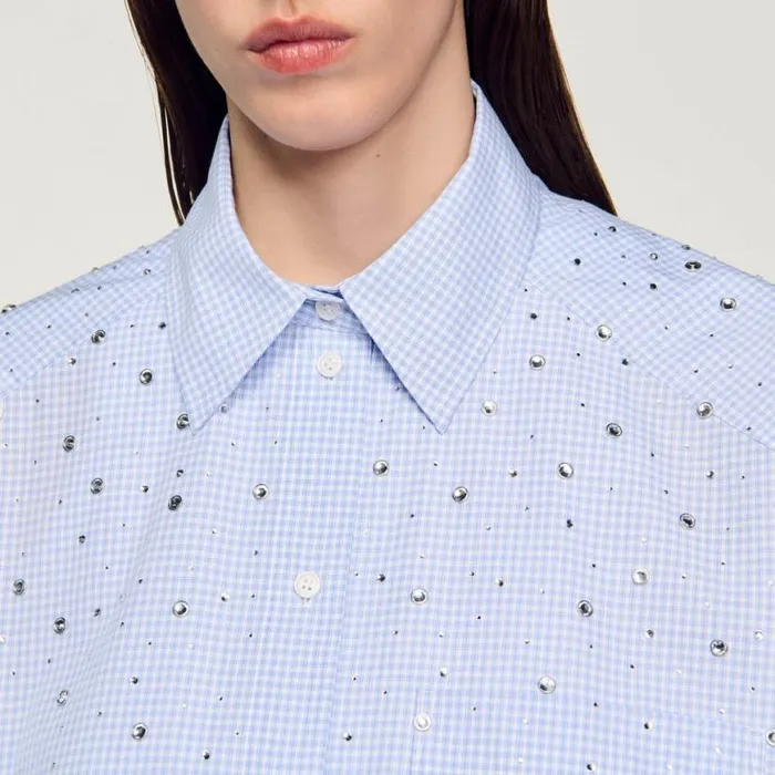 Women Tops and Shirts SANDRO Studded Check Shirt Sky Blue