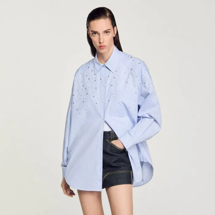Women Tops and Shirts SANDRO Studded Check Shirt Sky Blue