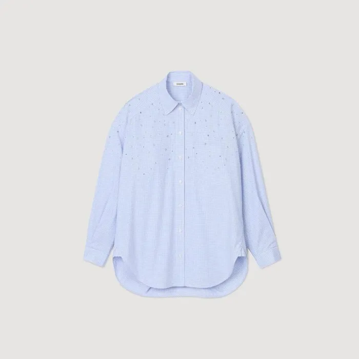 Women Tops and Shirts SANDRO Studded Check Shirt Sky Blue