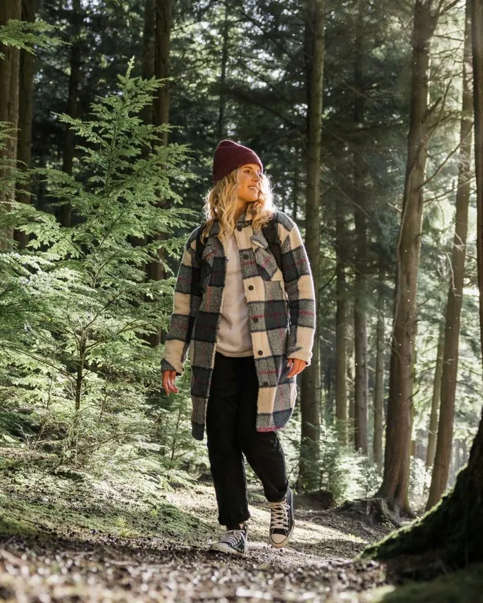 Women Tops Passenger Cloudy Recycled DeepPile Sherpa Fleece Shirt Dark Denim Check Dark Denim Check