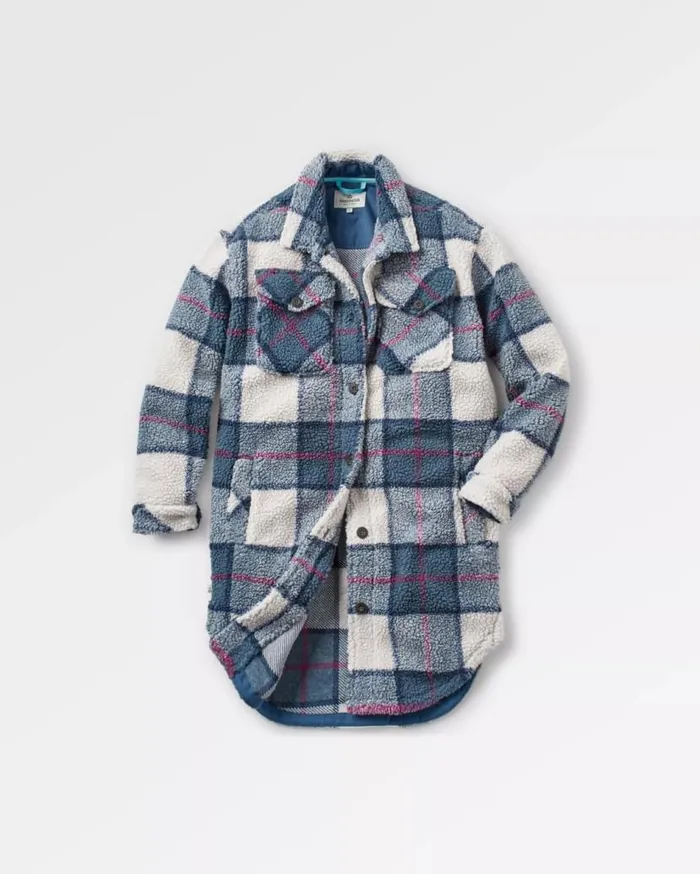 Women Tops Passenger Cloudy Recycled DeepPile Sherpa Fleece Shirt Dark Denim Check Dark Denim Check