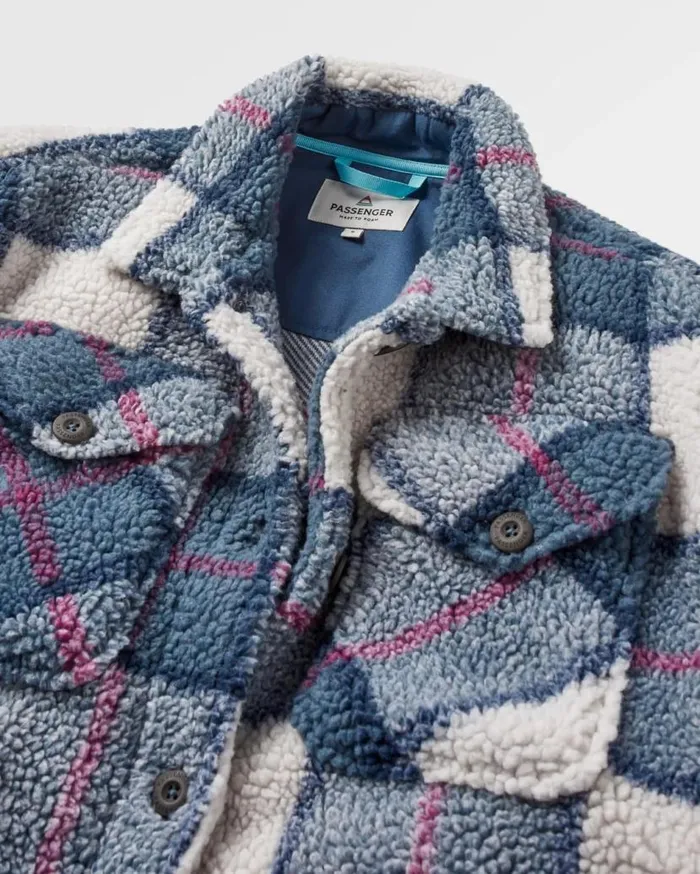 Women Tops Passenger Cloudy Recycled DeepPile Sherpa Fleece Shirt Dark Denim Check Dark Denim Check