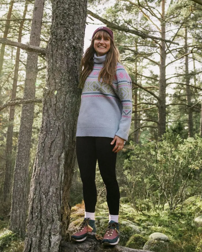 Women Tops Passenger Whimsical Recycled Oversized Polo Neck Knitted Jumper Homespun Stripe Blue Fog Homespun Stripe Blue Fog