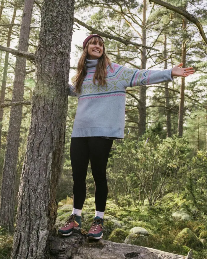 Women Tops Passenger Whimsical Recycled Oversized Polo Neck Knitted Jumper Homespun Stripe Blue Fog Homespun Stripe Blue Fog