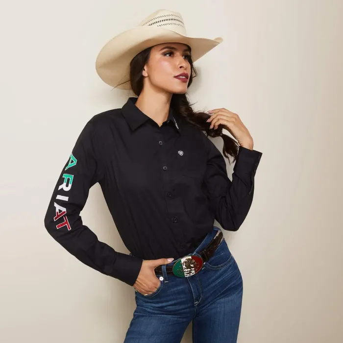 Wrinkle Resist Team Kirby Stretch Shirt Black W Mexico Flag Emb Women Ariat TShirts and Tops