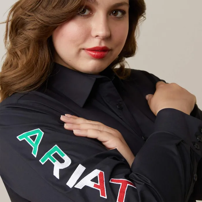Wrinkle Resist Team Kirby Stretch Shirt Black W Mexico Flag Emb Women Ariat TShirts and Tops Wrinkle Resist Team Kirby Stretch Shirt Black W Mexico Flag Emb Women Ariat TShirts and Tops