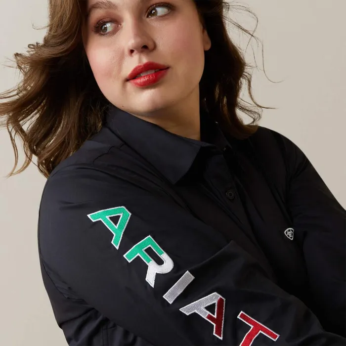 Wrinkle Resist Team Kirby Stretch Shirt Black W Mexico Flag Emb Women Ariat TShirts and Tops Wrinkle Resist Team Kirby Stretch Shirt Black W Mexico Flag Emb Women Ariat TShirts and Tops