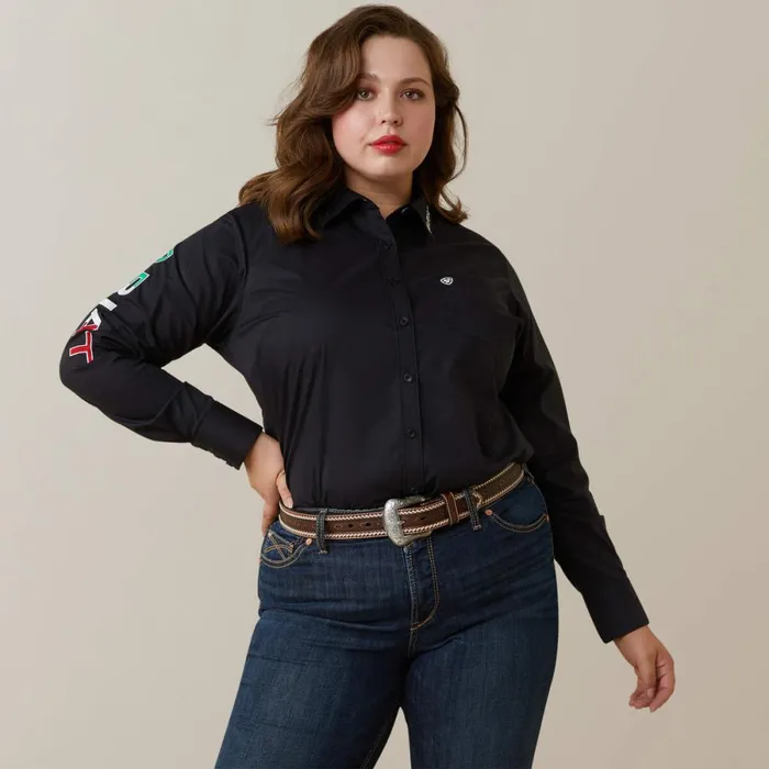 Wrinkle Resist Team Kirby Stretch Shirt Black W Mexico Flag Emb Women Ariat TShirts and Tops Wrinkle Resist Team Kirby Stretch Shirt Black W Mexico Flag Emb Women Ariat TShirts and Tops