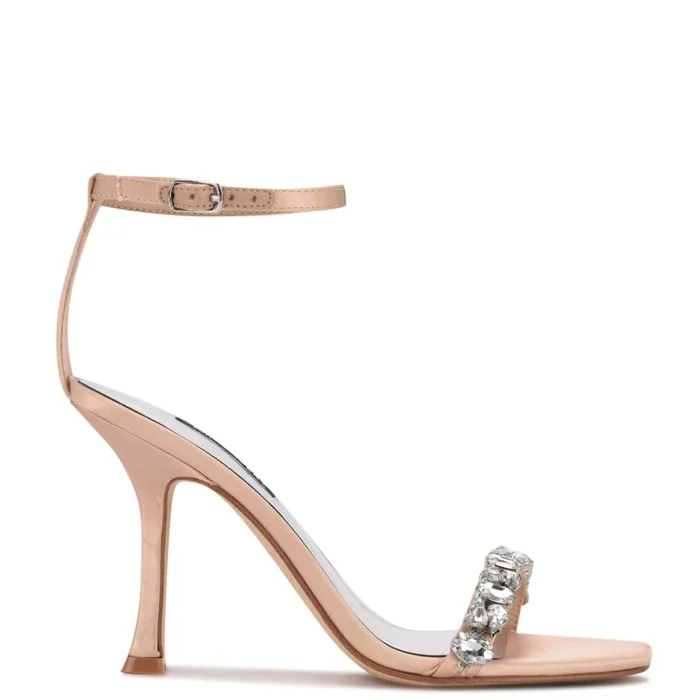 Yazmin Ankle Strap Dress Sandals Natural Satin Crystal Women Nine West Heeled