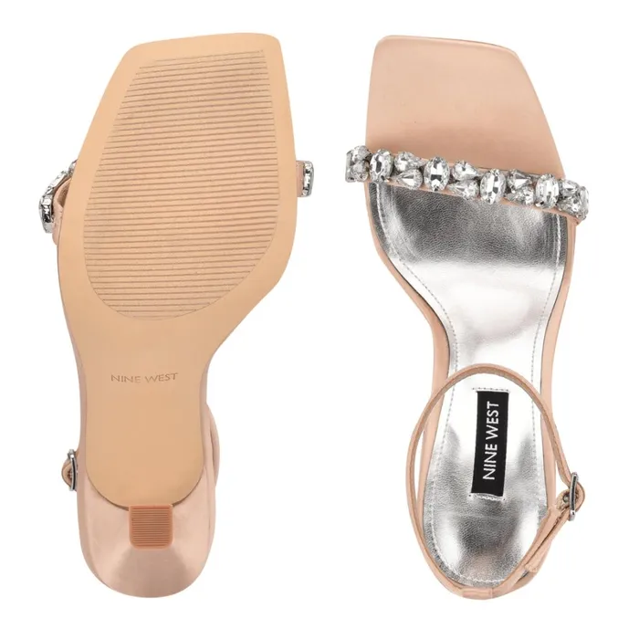 Yazmin Ankle Strap Dress Sandals Natural Satin Crystal Women Nine West Heeled