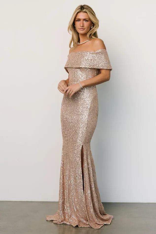 Yvonne Off Shoulder Sequin Gown Champagne Women Baltic Born Wedding Guest