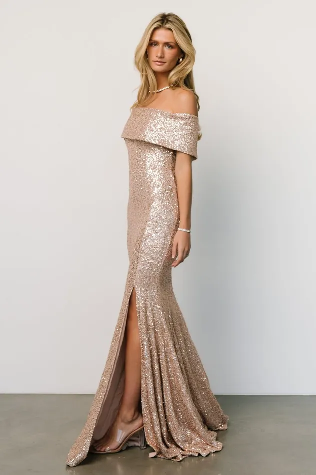 Yvonne Off Shoulder Sequin Gown Champagne Women Baltic Born Wedding Guest Yvonne Off Shoulder Sequin Gown Champagne Women Baltic Born Wedding Guest