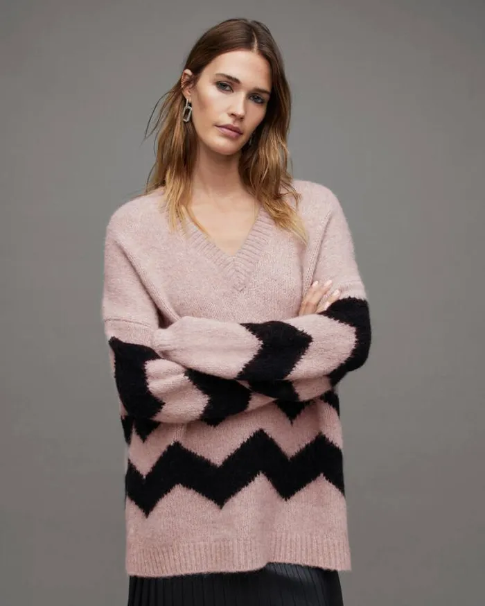 Ziggi Zig Zag Striped VNeck Sweater Pashmina Pinkblk Women AllSaints Sweaters