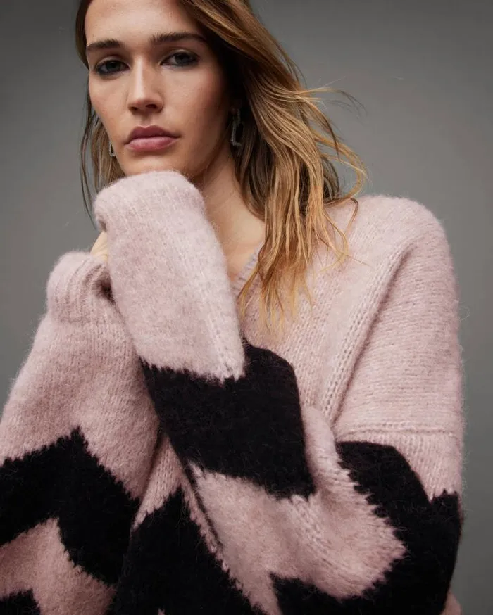 Ziggi Zig Zag Striped VNeck Sweater Pashmina Pinkblk Women AllSaints Sweaters Ziggi Zig Zag Striped VNeck Sweater Pashmina Pinkblk Women AllSaints Sweaters