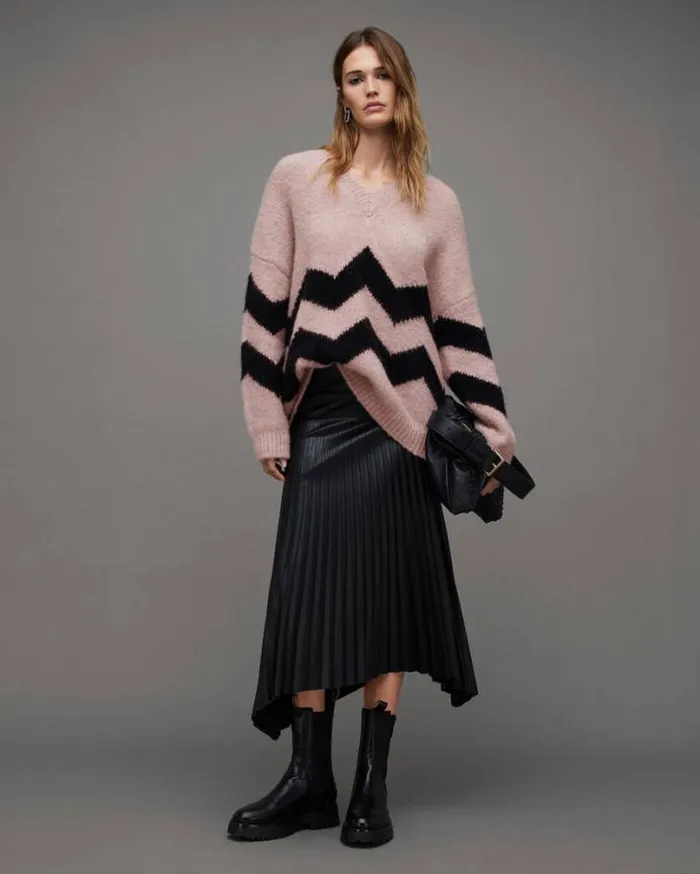 Ziggi Zig Zag Striped VNeck Sweater Pashmina Pinkblk Women AllSaints Sweaters Ziggi Zig Zag Striped VNeck Sweater Pashmina Pinkblk Women AllSaints Sweaters