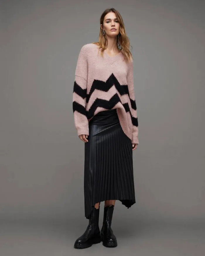 Ziggi Zig Zag Striped VNeck Sweater Pashmina Pinkblk Women AllSaints Sweaters Ziggi Zig Zag Striped VNeck Sweater Pashmina Pinkblk Women AllSaints Sweaters