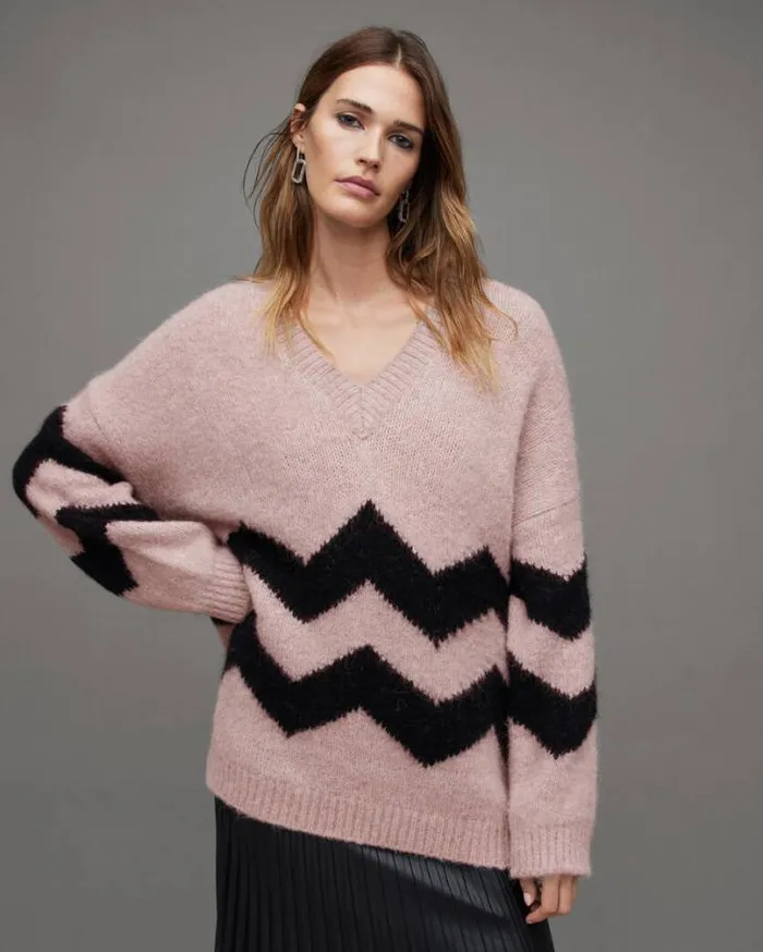 Ziggi Zig Zag Striped VNeck Sweater Pashmina Pinkblk Women AllSaints Sweaters Ziggi Zig Zag Striped VNeck Sweater Pashmina Pinkblk Women AllSaints Sweaters