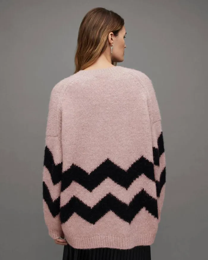 Ziggi Zig Zag Striped VNeck Sweater Pashmina Pinkblk Women AllSaints Sweaters Ziggi Zig Zag Striped VNeck Sweater Pashmina Pinkblk Women AllSaints Sweaters