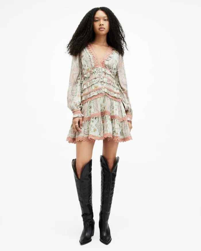 Zora Ruffle Cascade Paisley Mini Dress Spring Green Women AllSaints Dresses