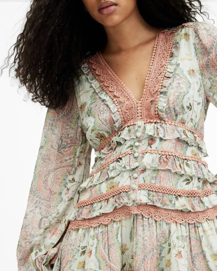 Zora Ruffle Cascade Paisley Mini Dress Spring Green Women AllSaints Dresses