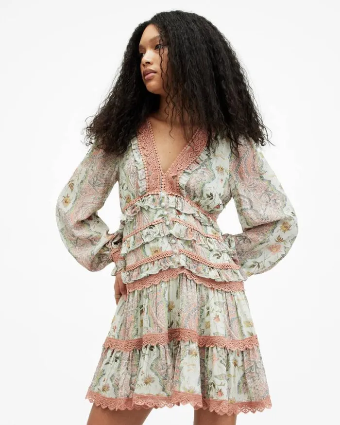 Zora Ruffle Cascade Paisley Mini Dress Spring Green Women AllSaints Dresses