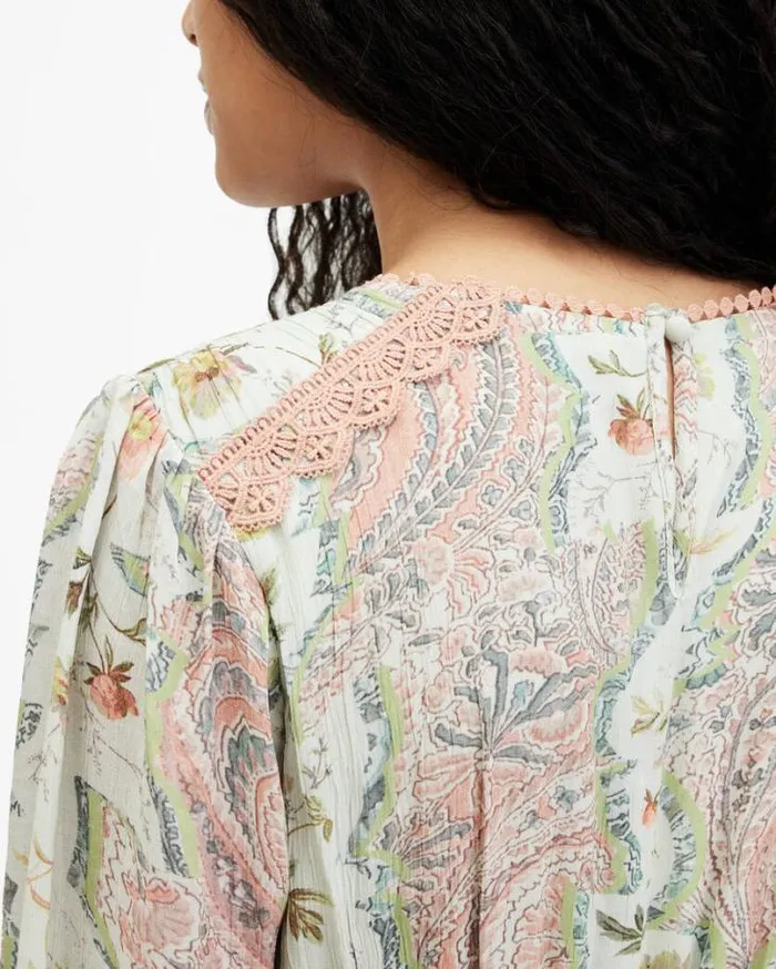 Zora Ruffle Cascade Paisley Mini Dress Spring Green Women AllSaints Dresses