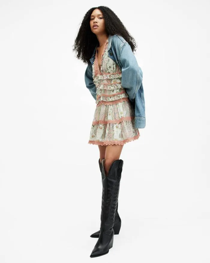 Zora Ruffle Cascade Paisley Mini Dress Spring Green Women AllSaints Dresses