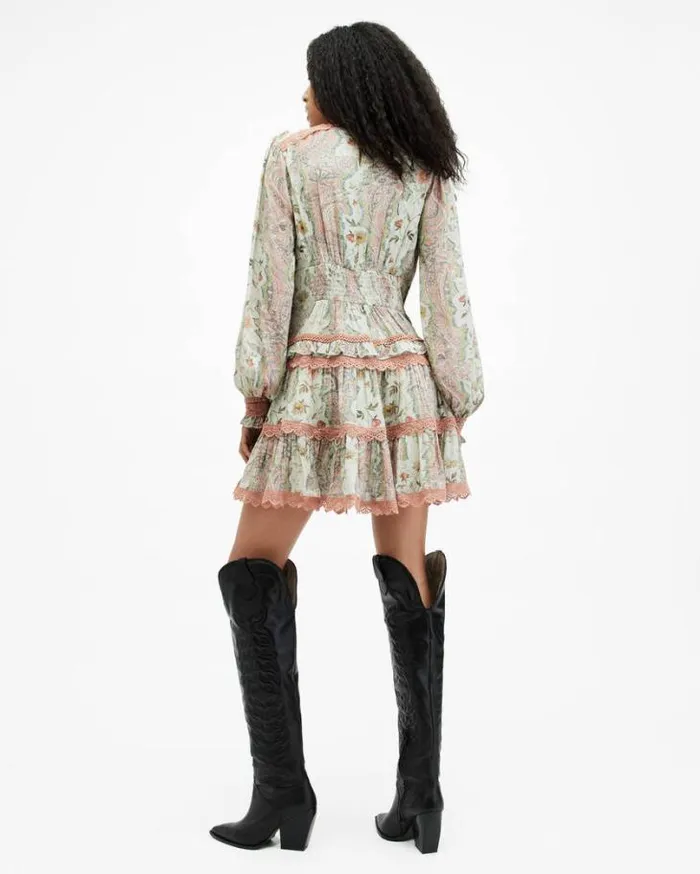 Zora Ruffle Cascade Paisley Mini Dress Spring Green Women AllSaints Dresses